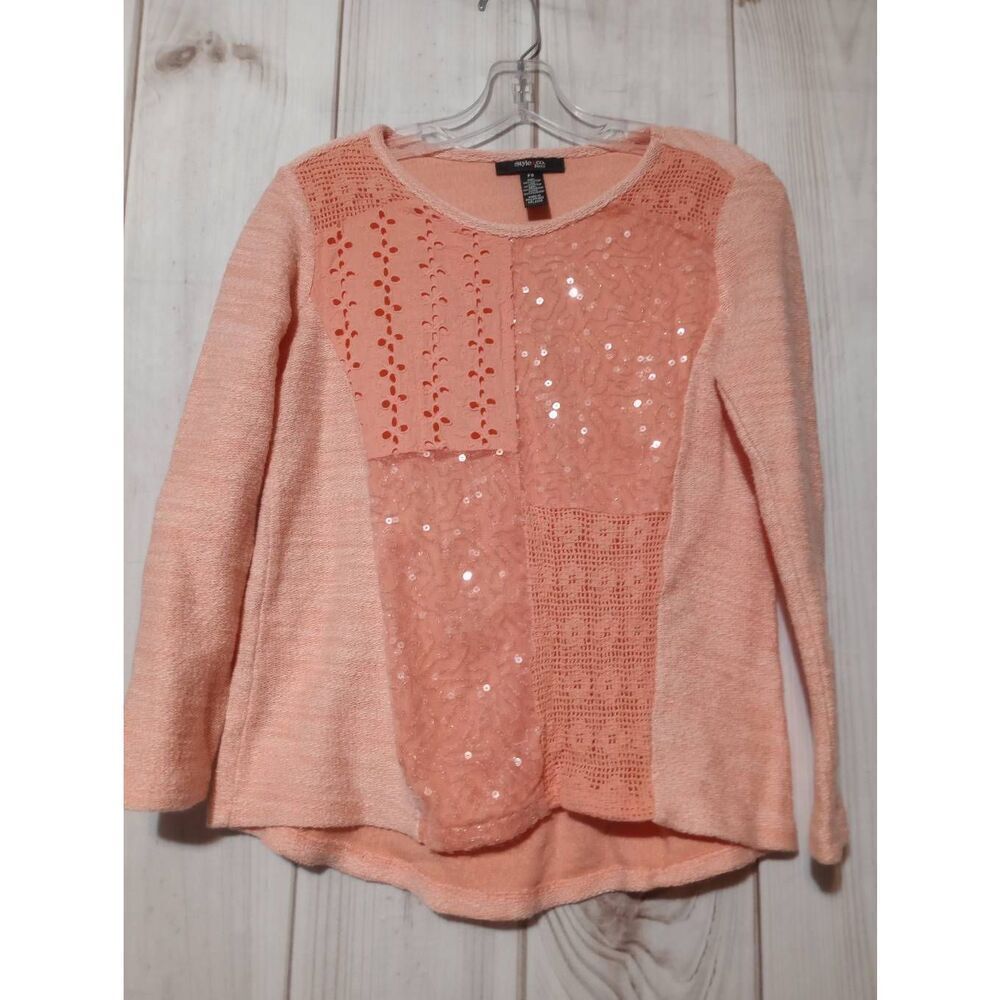 Style & Co Petite Womens Coral Pink Sequin Lace Patchwork Top PS Long Sleeve